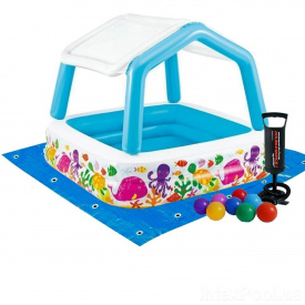 Детский надувной бассейн Intex 57470-2 «Аквариум» со съемным навесом, 157 х 157 х 122 (50) см. Комплектация: шарики, подстилка, насос (hub_1nbl0e)