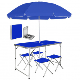 Раскладной стол 120 см для пикника с 4 стульями и зонтом 180 см Aluprom, набор туристический в чемодане Синий