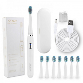 Звуковая зубная щетка электрическая Seago SG551 4 Режима + 8 Насадок + Кейс для хранения Белая (272)
