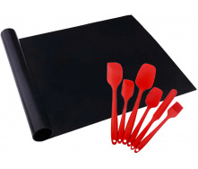 Комплект антипригарный коврик для BBQ Черный и Набор кухонных принадлежностей 6 в 1 Красный (n-1223)