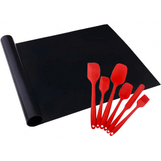 Комплект антипригарний килимок для BBQ Чорний та Набір кухонного приладдя 6 в 1 Червоний (n-1223)