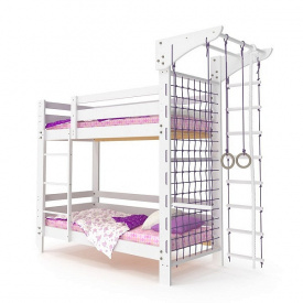 Двухъярусная спортивная кровать Babyson-14 белая 80x190 см +комплект с гладиаторской сеткой с турником и лестницей