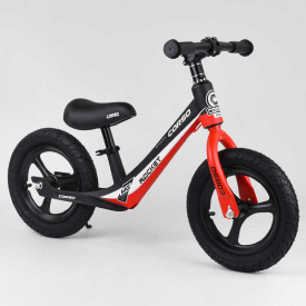 Велобег детский с надувными колёсами, магниевой рамой и магниевыми дисками + подножка Corso Black/Red (99982)