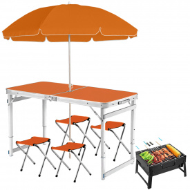 Складной туристический усиленный стол Easy Campi с зонтом 1.8м и 4 складных стула для пикника в чемодане Оранжевый + Складной мангал Grizly