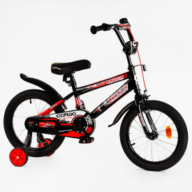 Детский велосипед с багажником и доп колесами CORSO Striker 16" Black and red (115259)