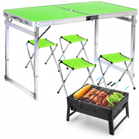Раскладной стол с зонтом Easy Campi 1.8м для пикника со стульями усиленный складной стол и 4 стула Зеленый+Мангал