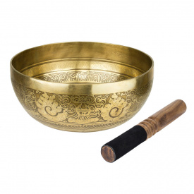 Тибетская поющая чаша Singing bowl Мантра и пламя снаружи Раковина внутри Холодная ковка 24/24/10,8 см Бронзовый (27414)