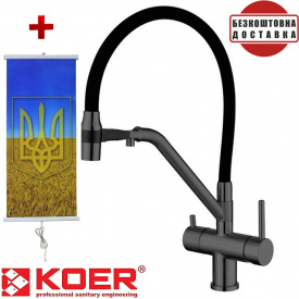 Смеситель для кухни с выходом для питьевой воды Koer KB-72006-07, Чехия (цвет графит) черный силиконовый гусак + подарок Картина-обогреватель