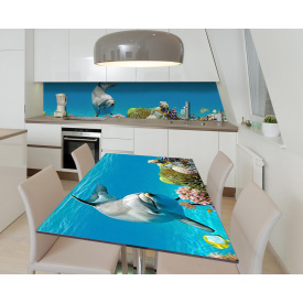 Наклейка 3Д виниловая на стол Zatarga «Улыбки дельфинов» 600х1200 мм для домов, квартир, столов, кофейн, кафе
