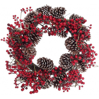Венок новогодний декоративный из красных ягод с шишками Bona DP42749