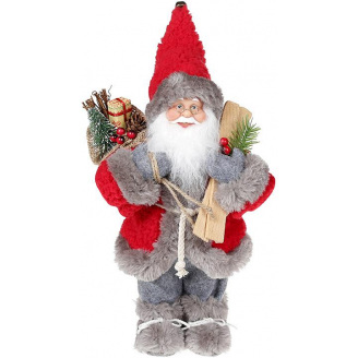 Новорічна фігурка Санта з лижами 30см (м'яка іграшка), червоний із сірим Bona DP73681