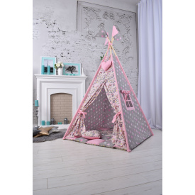 Детская палатка набор Вигвам с Единорогами для девочки с ковриком подушкой "Единороги с розовыми звездочками"