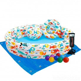 Дитячий надувний басейн Intex 59469-2 «Акваріум», 132х28 см, з м'ячем та кругом, з кульками 10 шт, підстилкою, насосом (hub_dib818)