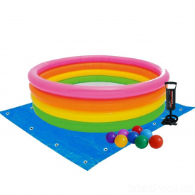 Детский надувной бассейн Intex 56441-2 «Радуга», 168х46 см, с шариками 10 шт, подстилкой, насосом (hub_eh45rk)