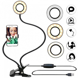 Тримач для телефону з LED підсвічуванням світлодіодне підсвічування селфі кільце на прищіпці з тримачем UKC (3 кольори свічення) Чорний