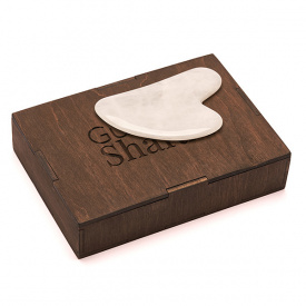 Скребок ГуаШа Сердце Белый нефрит + Подарочная коробка из дерева Графитовая