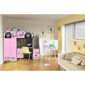 Кровать машина чердак машинка принцесса Princess для принцессы с комодом-лестницей, + стол и шкаф для девочки
