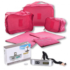 Набор органайзеров для путешествий 6-в-1 Розовый + Весы для багажа 50 кг. Серые