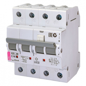 Дифференциальный автоматический выключатель KZS-4M 3p+N C 16/0,03 тип AC (6kA) ETI