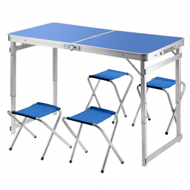 Складной туристический усиленный стол Easy Campi с зонтом 1.8м и 4 складных стула для пикника в чемодане Синий + Складной мангал Grizly