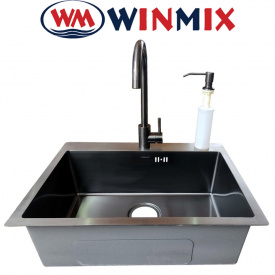 Кухонная мойка Winmix SET 6045-200x1.0-PVD-BLACK (со смесителем, диспенсером в комплекте)