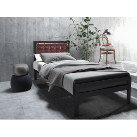 Кровать односпальная Герань Тенеро 90х190 см металлическая черная с мягким изголовьем коричневый кожзам