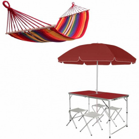 Комплект раскладной стол и 4 стула Easy Campi в чемодане Коричневый + зонт 1.8м + Гамак 200x80 см Красный