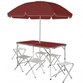 Набор туристический раскладной стол с 6 стульями и зонтом 1.8м Easy Campi в чемодане Коричневый