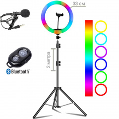 Набор блогера 4в1 Кольцевая лампа диаметром RGB 33см со штативом 2м + микрофон петличка + пульт Bluetooth Нове