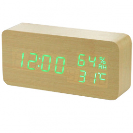 Настольные часы Wooden Watch светодиодные с индикатором влажности и будильником USB 15см Жёлто-зелёные (VST-862S-2)