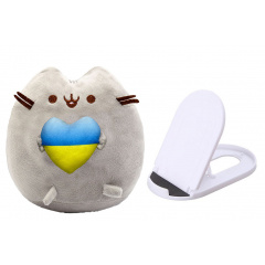 Мягкая игрушка S&T Пушин кэт с сердцем в лапках 25 см Серый и Подставка для гаджетов Белый (vol-10399) Киев