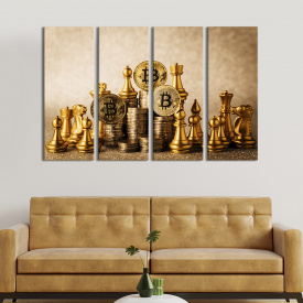 Модульная картина из 4 частей на холсте KIL Art Золотые шахматы и криптовалюта биткоин 149x93 см (523-41)