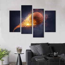 Модульная картина из 4 частей на холсте KIL Art Полёт огненного баскетбольного мяча 89x56 см (492-42)