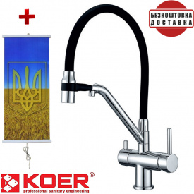 Смеситель для кухни с выходом для питьевой воды Koer KB-72006-01, Чехия (цвет хром) черный силиконовый гусак + подарок Картина-обогреватель
