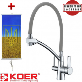 Смеситель для кухни с выходом для питьевой воды Koer KB-72003-01, Чехия (цвет хром) серый силиконовый гусак + подарок Картина-обогреватель