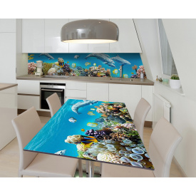 Наклейка 3Д вінілова на стіл Zatarga «Добрі дельфіни» 600х1200 мм для будинків, квартир, столів, кав'ярень.