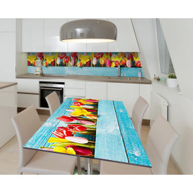Наклейка 3Д виниловая на стол Zatarga «Тюльпаны в кашпо» 600х1200 мм для домов, квартир, столов, кофейн, кафе
