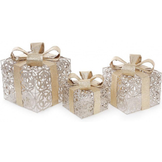 Набір декоративних подарунків - 3 коробки 12.5см, 16.5см, 20см з LED-підсвіткою, шампань з золотом BonaDi DP69613