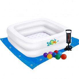 Дитячий надувний басейн Bestway 51116-2, білий, 86х86х25 см, з кульками 10 шт, підстилкою, насосом (hub_qdr17h)