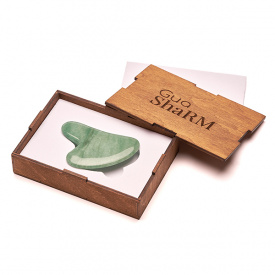 Скребок ГуаШа Сердце Нефрит + Подарочная коробка из дерева Коричневая