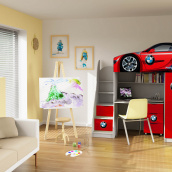 Кровать машина чердак машинка БМВ красная BMW с комодом-лестницей, со столом и шкафом