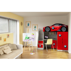 Кровать машина чердак машинка БМВ красная BMW с комодом-лестницей, со столом и шкафом Березнеговатое