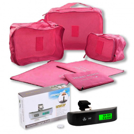 Набор органайзеров для путешествий 6-в-1 Розовый + Весы для багажа 50 кг. Черные