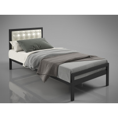 Кровать односпальная Герань Тенеро 80х200 см металлическая черная с мягким изголовьем белый кожзам Полтава