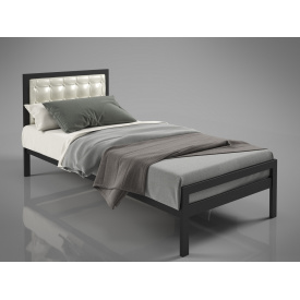 Кровать односпальная Герань Тенеро 80х200 см металлическая черная с мягким изголовьем белый кожзам