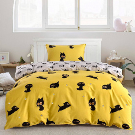 Постельное белье Kris-Pol Семейный Желтый с черными кошками и белой полоской с рыбками