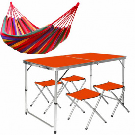 Раскладной стол 120см для пикника с 4 стульями Easy Campi в чемодане Оранжевый + Гамак мексиканский Красный