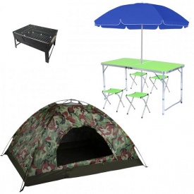 Комплект раскладной стол и 4 сула в чемодане Easy Campi Зеленый с зонтом 1.8м + палатка + Складной мангал