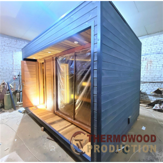 Модульная баня 4,0х2,7м с панорамным окном Gartensauna-24 от Thermowood Production под ключ от производителя