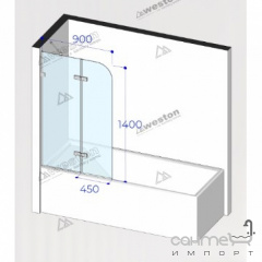 Шторка на ванну Weston WK3 900x450x1400 профиль хром/прозрачное стекло, закругленное Одеса